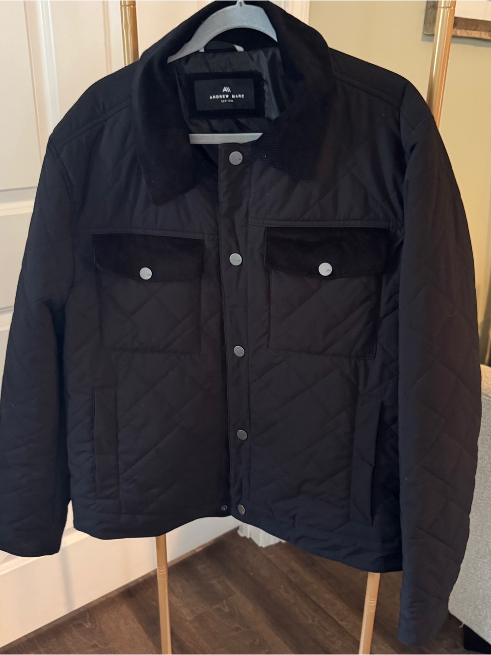 Andrew Marc Black Quilted Lightweight Jacket with Corduroy Collar